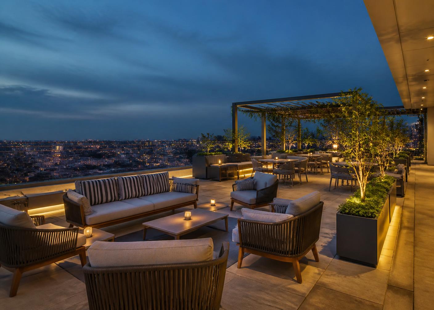 Rooftop event space at Skyora Hotel and Rooftop set up for a celebration